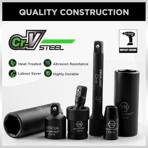 Swanlake 1/4" Drive Impact Socket Set 56 Piece Sae (5/32 To 9/16 Inch) And Metric (4 15Mm) Size Point Cr V Ratchet Handle Extension Bar Universal Join