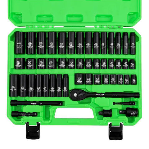 Swanlake 3/8" Drive Impact Socket Set 50 Piece Sae (5/16 To 3/4 Inch) And Metric (8 22Mm) Size Point Cr V Ratchet Handle Extension Bar Universal Joint