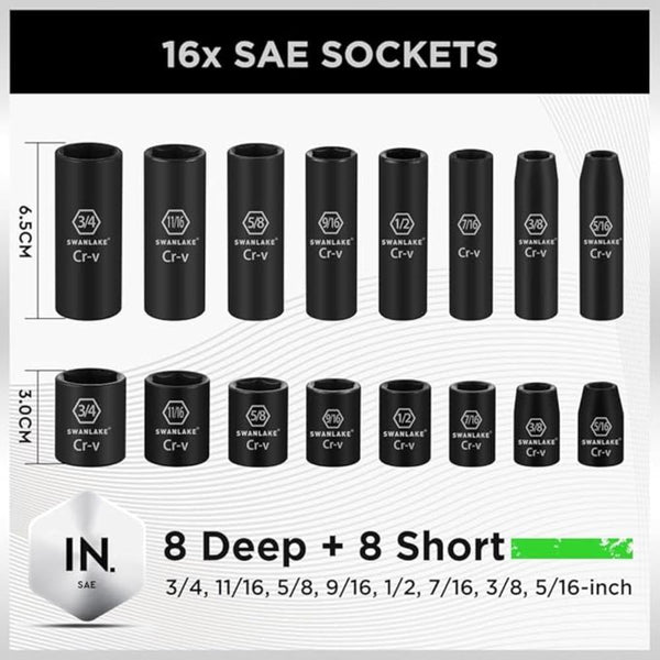 Swanlake 3/8" Drive Impact Socket Set 50 Piece Sae (5/16 To 3/4 Inch) And Metric (8 22Mm) Size Point Cr V Ratchet Handle Extension Bar Universal Joint