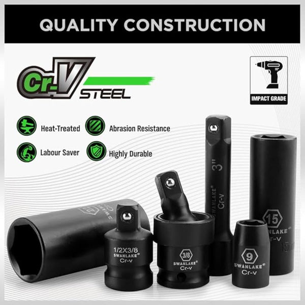 Swanlake 3/8" Drive Impact Socket Set 50 Piece Sae (5/16 To 3/4 Inch) And Metric (8 22Mm) Size Point Cr V Ratchet Handle Extension Bar Universal Joint