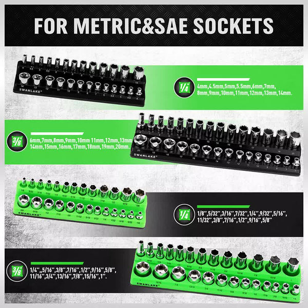 Swanlake 4Pc Magnetic Socket Organizer Tray 3/8" 1/4" Sae Metric Holder Other Tool Storage