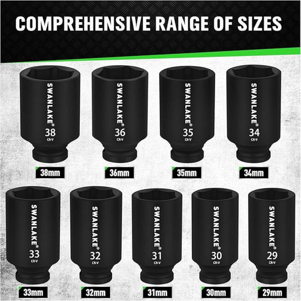 Swanlake 9 Piece 1/2" Drive Jumbo Impact Socket Set Metric 29Mm 38Mm Large Socksts Spindle Axle Nut Cr V Black Socket Wrenches