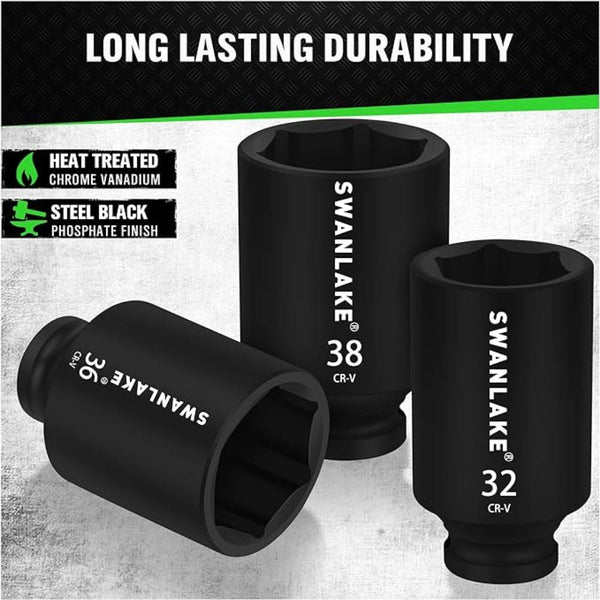 Swanlake 9 Piece 1/2" Drive Jumbo Impact Socket Set Metric 29Mm 38Mm Large Socksts Spindle Axle Nut Cr V Black Socket Wrenches