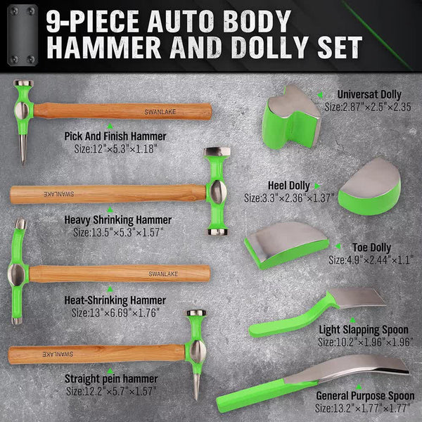 Swanlake 9 Piece Garden Tools Auto Body Hammer Dolly Set Car Dent Repair Case Dent Repair Kits & Tools