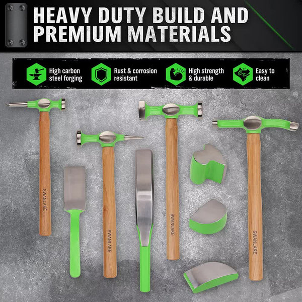 Swanlake 9 Piece Garden Tools Auto Body Hammer Dolly Set Car Dent Repair Case Dent Repair Kits & Tools