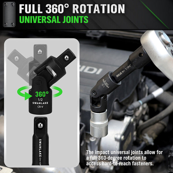 Swanlake 18Pcs Drive Tool Accessory Set Extension Bars Impact Universal Joint Other Hand Tools