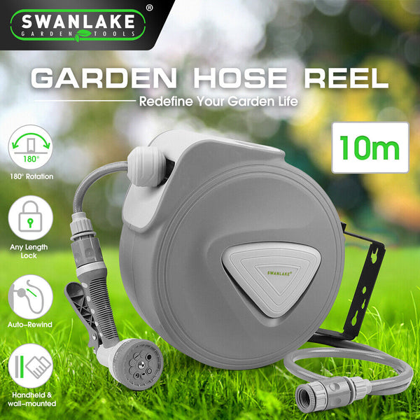 10M Retractable Garden Air Hose Reel Storage Auto Rewind Wall Mounted Grey Hose Reels & Storage