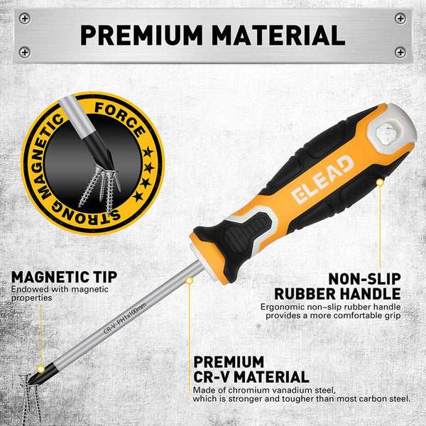 Elead 6Pcs Magnetic Screwdriver Set Phillips Slotted Non Slip Handle Crv Screwdrivers