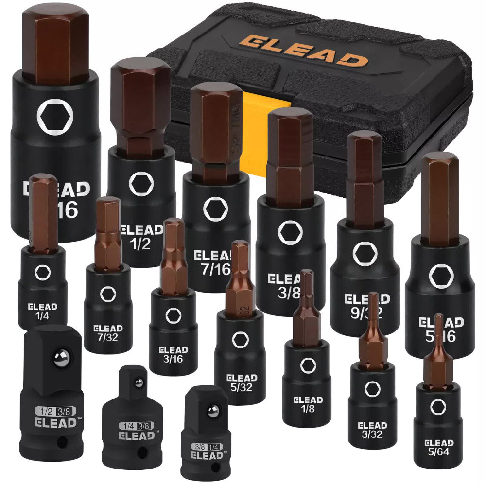 16Pc Sae Hex Bit Impact Socket Set 5/64" 9/16" Allen Adapter Sockets & Socket Sets