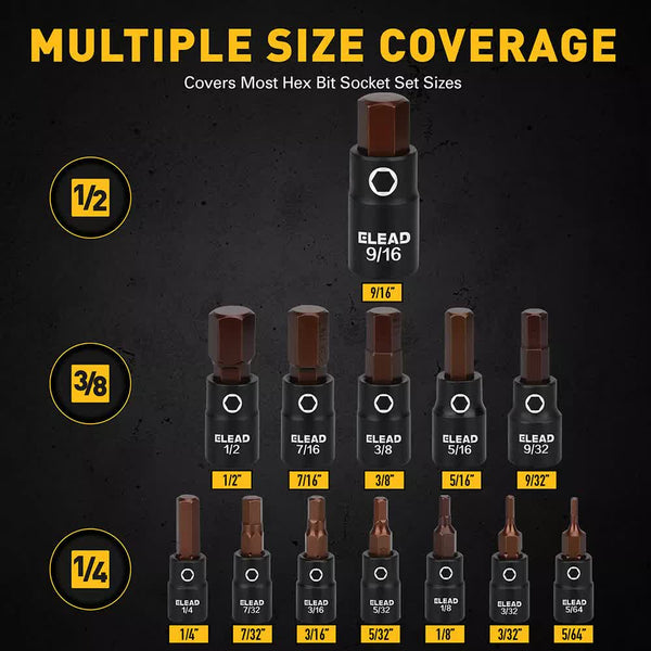 16Pc Sae Hex Bit Impact Socket Set 5/64" 9/16" Allen Adapter Sockets & Socket Sets