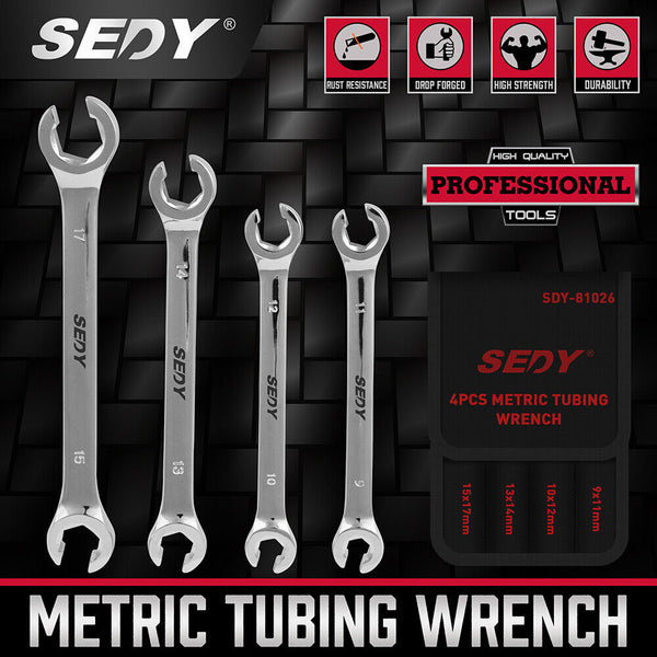 Sedy 4Pc Flare Nut Wrench Set Offset End Spanner Metric Cr V Steel Storage Pouch Wrench Sets
