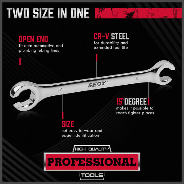 Sedy 4Pc Flare Nut Wrench Set Offset End Spanner Metric Cr V Steel Storage Pouch Wrench Sets