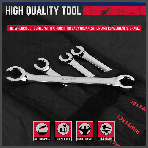 Sedy 4Pc Flare Nut Wrench Set Offset End Spanner Metric Cr V Steel Storage Pouch Wrench Sets