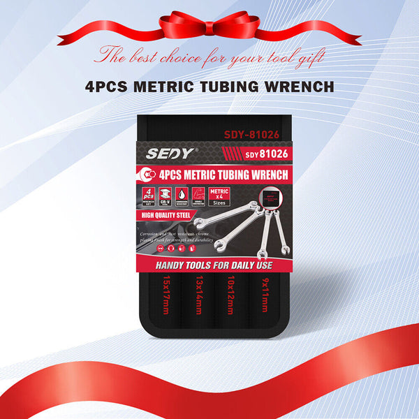 Sedy 4Pc Flare Nut Wrench Set Offset End Spanner Metric Cr V Steel Storage Pouch Wrench Sets