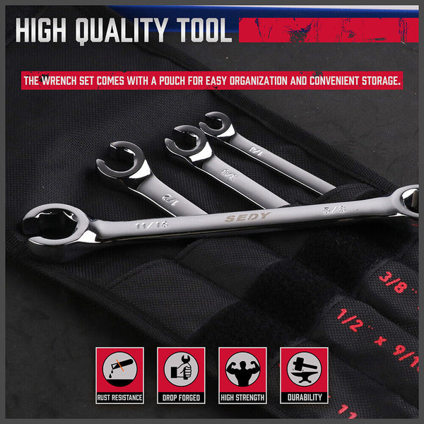 Sedy 4Pc Flare Nut Spanner Set Sae Brake Line Wrench Offset Head Organizer Pouch Other Wrenches & Spanners
