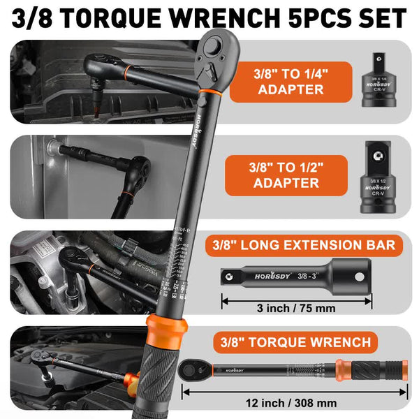 4Pc 3/8" Drive Click Torque Wrench Ratchet Socket Adaptor Extension Workshop Ratchet Wrenches