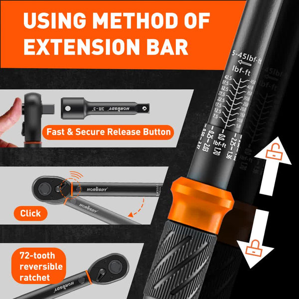 4Pc 3/8" Drive Click Torque Wrench Ratchet Socket Adaptor Extension Workshop Ratchet Wrenches