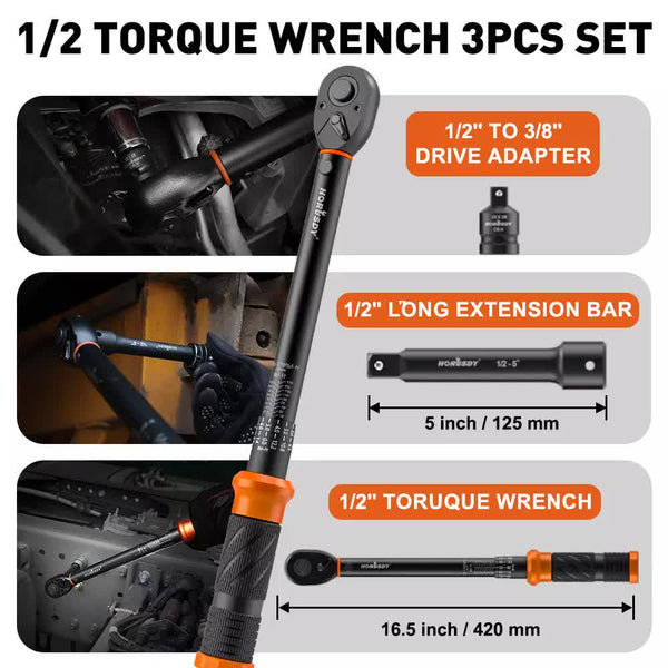 3Pc 1/2" Drive Click Torque Wrench Ratchet Socket Adaptor Extension Workshop Ratchet Wrenches
