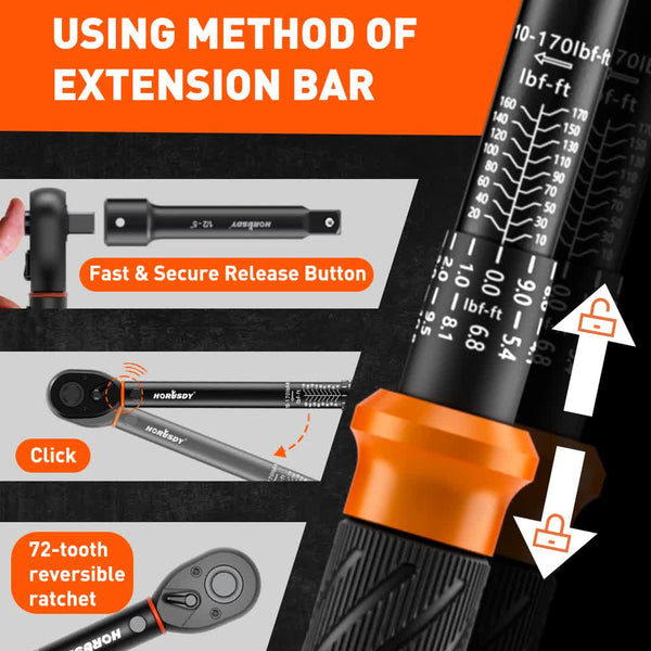 3Pc 1/2" Drive Click Torque Wrench Ratchet Socket Adaptor Extension Workshop Ratchet Wrenches