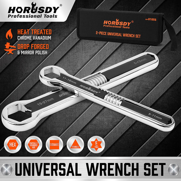 Horusdy 2Pcs Universal Wrench Set Sae & Metric Spanner Hex E Torx Triangle Wrench Sets
