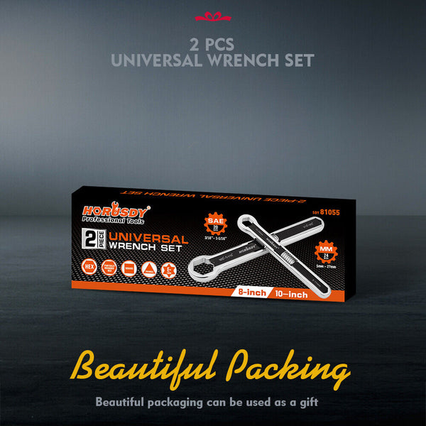 Horusdy 2Pcs Universal Wrench Set Sae & Metric Spanner Hex E Torx Triangle Wrench Sets