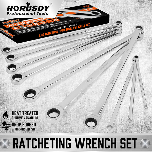 Horusdy 10Pc Extra Long Ratchet Spanner Set Aviation Double End 8 19Mm W/T Pouch Ratchet Wrenches