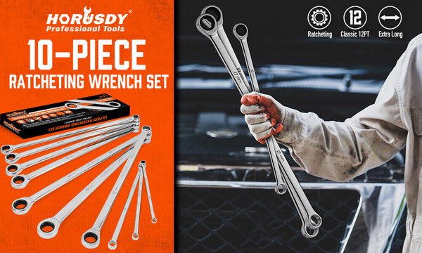 Horusdy 10Pc Extra Long Ratchet Spanner Set Aviation Double End 8 19Mm W/T Pouch Ratchet Wrenches