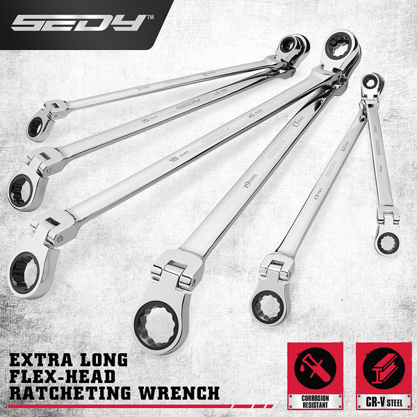 Sedy 6Pcs Extra Long Flex Head Ratchet Spanner Set Double Box End 8 19Mm Ratchet Wrenches