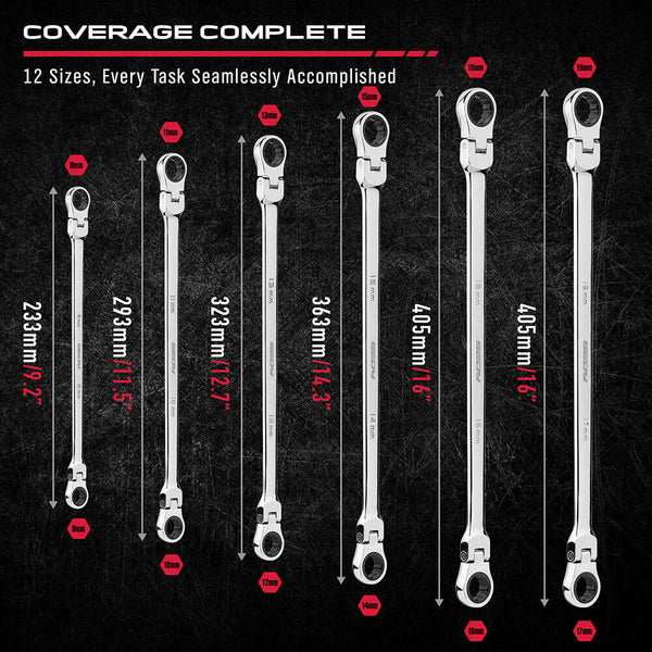Sedy 6Pcs Extra Long Flex Head Ratchet Spanner Set Double Box End 8 19Mm Ratchet Wrenches