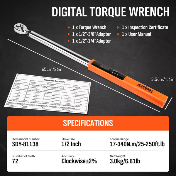 3Pc 1/2" Digital Torque Wrench Set Adjustable 17 340N.M 25 250Ft.Lb Motorcycle Wrench Sets