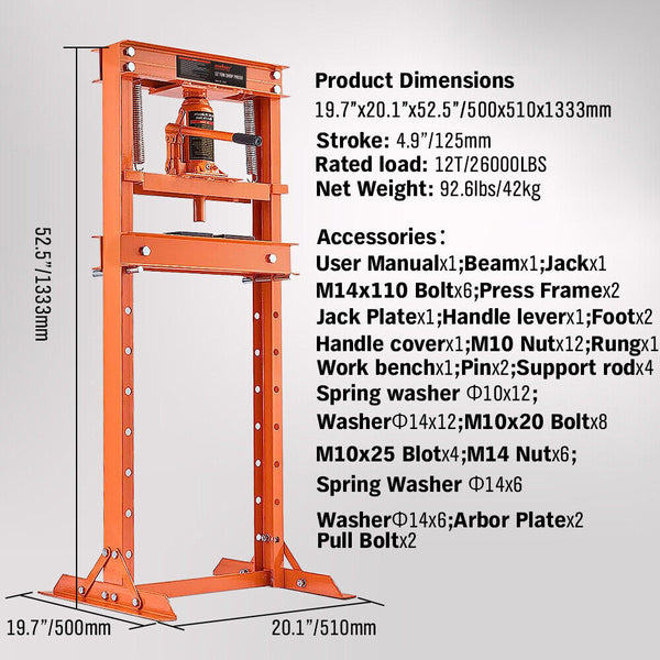 Horusdy 12T Hydraulic Shop Press Bending Frame Benchtop Jack Stand Heavy Duty Jacks & Jack Stands