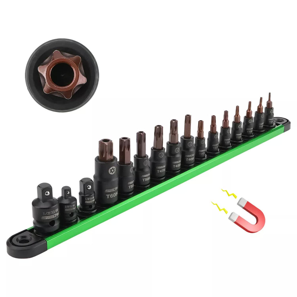 16 Piece Torx Star Bit Socket Set Magnetic Rail Organizer T8 T60 Adapters Sockets & Socket Sets