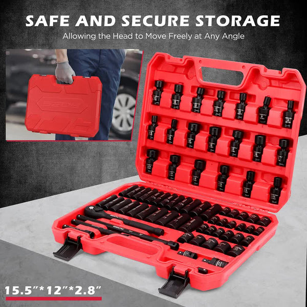 71 Pieces 3/8" Drive Master Impact Socket Set Sae Metric Universal Joint Adapter Hand Tool Sets