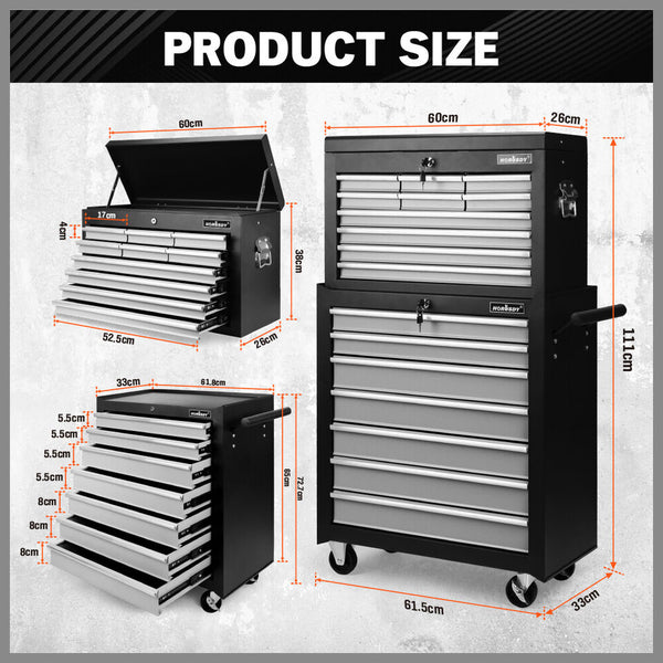 Sedy Grey 17 Drawer Tool Box Trolley Cabinet Storage Cart Garage Toolbox Organiser Tool Boxes