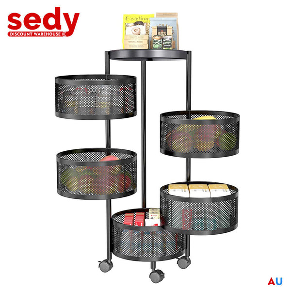 5 Tiers Kitchen Trolley Cart Wheels Round Vegetable Storage Holder Fruit Kitchen Carts