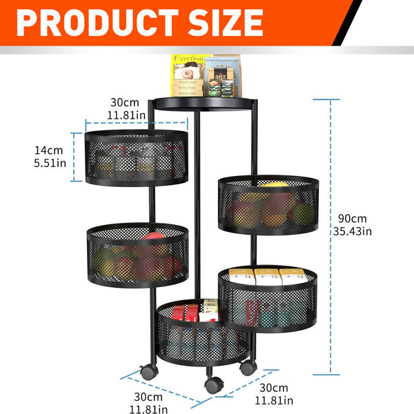 5 Tiers Kitchen Trolley Cart Wheels Round Vegetable Storage Holder Fruit Kitchen Carts