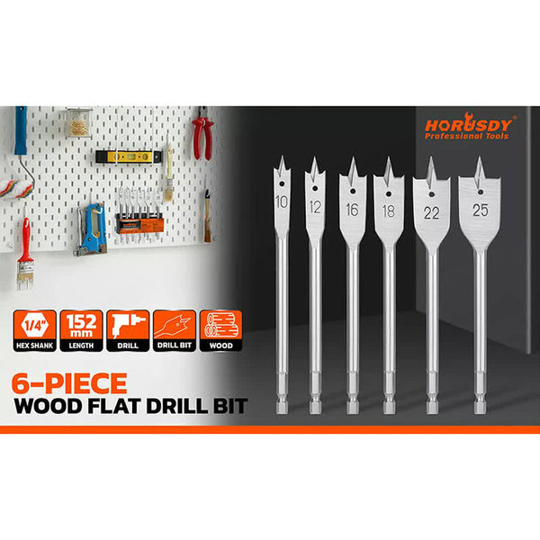 6 Pieces Flat Wood Boring Spade Drill Bit Set Drillbits 10 25Mm Bits 1/4" Shank Drill Bits