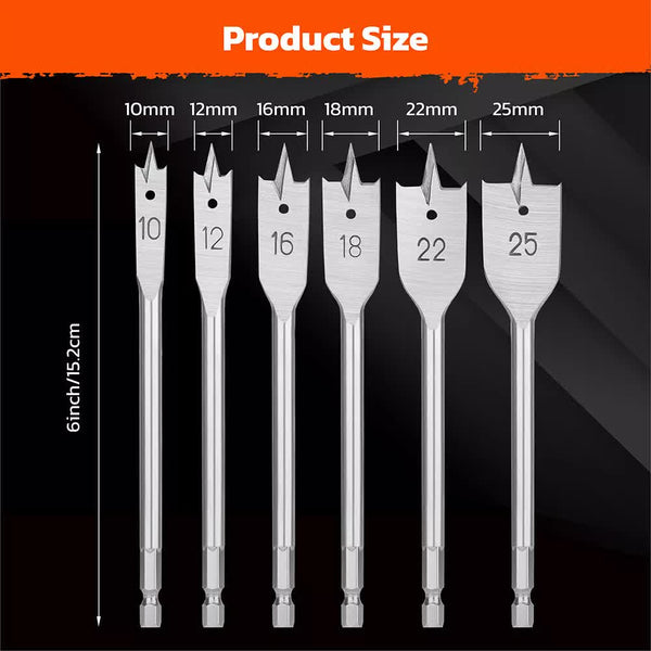 6 Pieces Flat Wood Boring Spade Drill Bit Set Drillbits 10 25Mm Bits 1/4" Shank Drill Bits