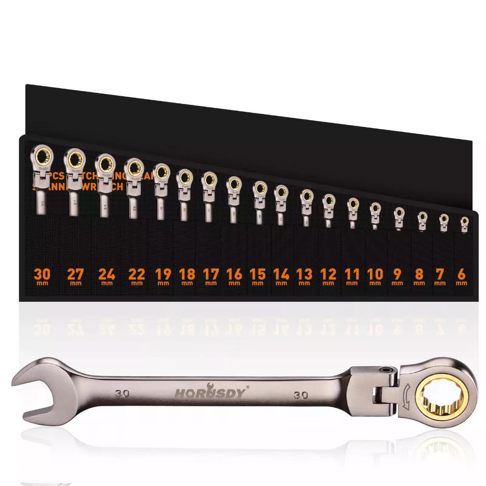 Horusdy 18Pc Flexi Head Ratchet Spanner Set Metric 6 30Mm Spanners Nickle Plated Other Wrenches & Spanners