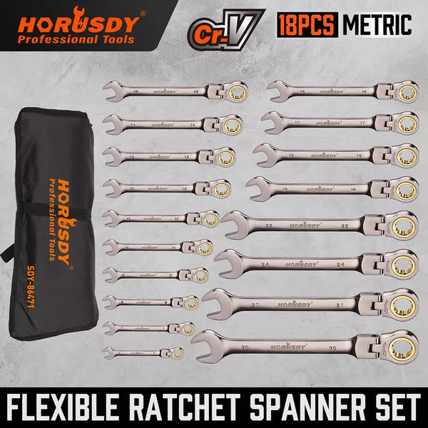 Horusdy 18Pc Flexi Head Ratchet Spanner Set Metric 6 30Mm Spanners Nickle Plated Other Wrenches & Spanners