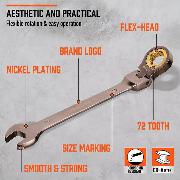 Horusdy 18Pc Flexi Head Ratchet Spanner Set Metric 6 30Mm Spanners Nickle Plated Other Wrenches & Spanners