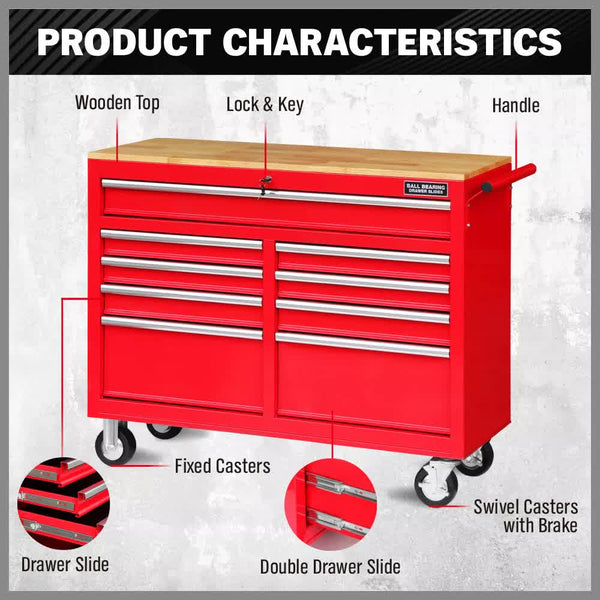 9 Drawers Tool Box Chest Cabinet Trolley Garage Storage Toolbox Red 1000Lbs Tool Boxes
