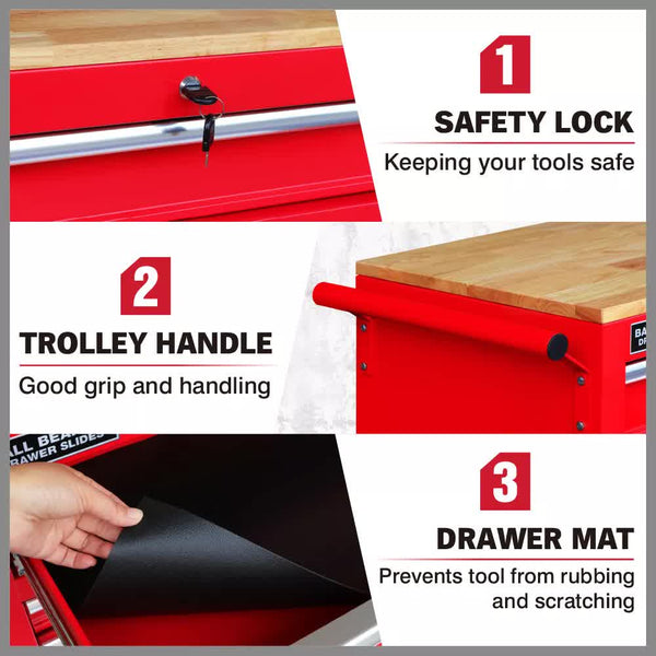 9 Drawers Tool Box Chest Cabinet Trolley Garage Storage Toolbox Red 1000Lbs Tool Boxes
