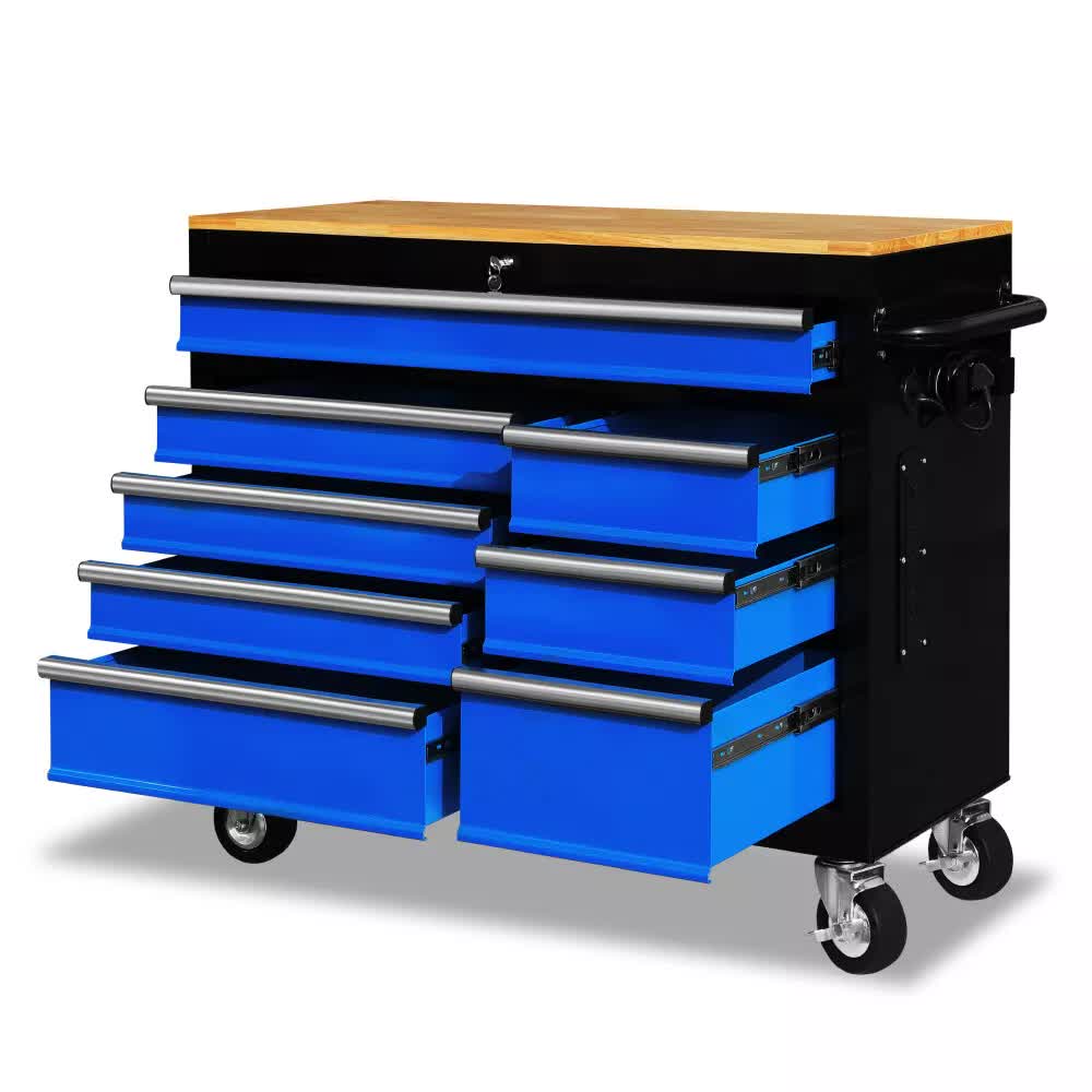Horusdy 42 Inch 8 Drawer Tool Cabinet 1000 Lbs Wood Top Power Strip Casters Blue Tool Cabinets & Cupboards