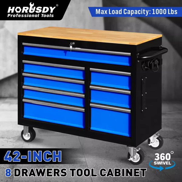 Horusdy 42 Inch 8 Drawer Tool Cabinet 1000 Lbs Wood Top Power Strip Casters Blue Tool Cabinets & Cupboards