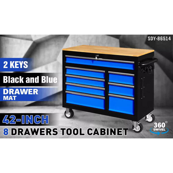 Horusdy 42 Inch 8 Drawer Tool Cabinet 1000 Lbs Wood Top Power Strip Casters Blue Tool Cabinets & Cupboards