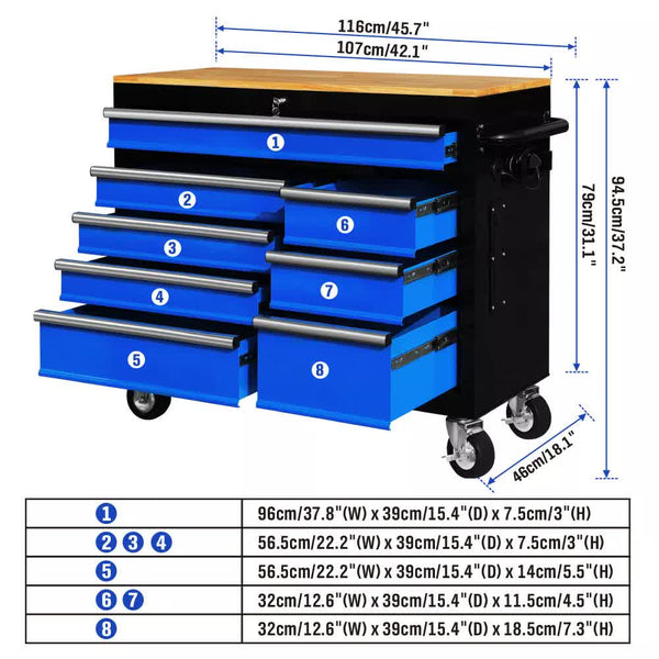 Horusdy 42 Inch 8 Drawer Tool Cabinet 1000 Lbs Wood Top Power Strip Casters Blue Tool Cabinets & Cupboards