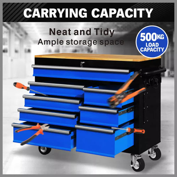 Horusdy 42 Inch 8 Drawer Tool Cabinet 1000 Lbs Wood Top Power Strip Casters Blue Tool Cabinets & Cupboards