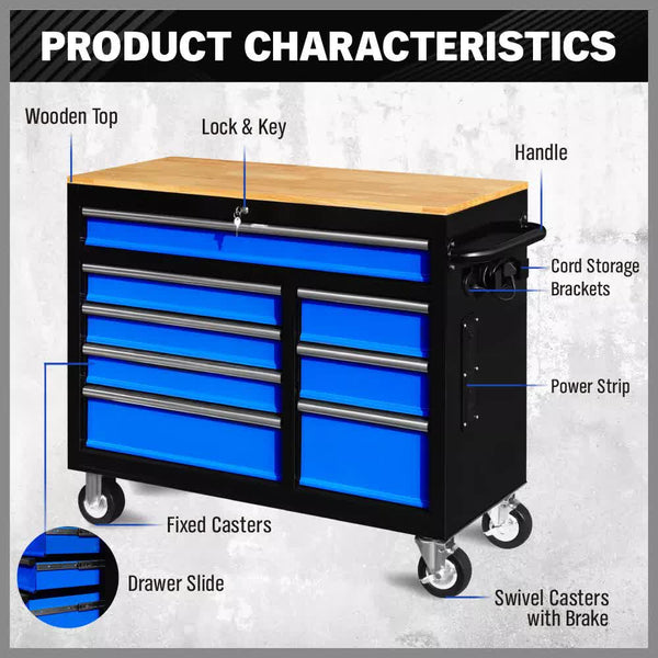 Horusdy 42 Inch 8 Drawer Tool Cabinet 1000 Lbs Wood Top Power Strip Casters Blue Tool Cabinets & Cupboards