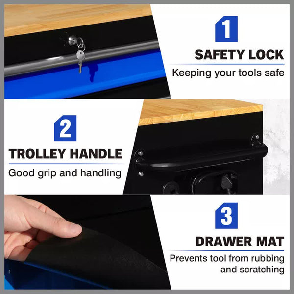 Horusdy 42 Inch 8 Drawer Tool Cabinet 1000 Lbs Wood Top Power Strip Casters Blue Tool Cabinets & Cupboards